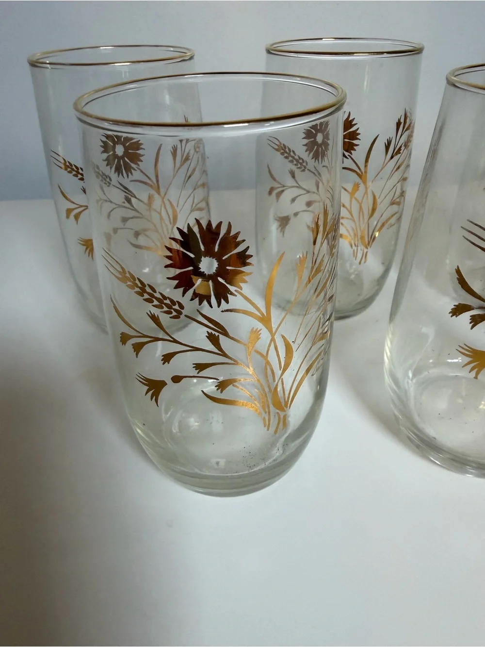 Vintage Drinking Glasses Set of 7 David Douglas MCM Daisy Wheat Pattern Gold